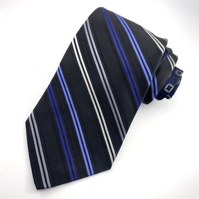 Pronto Uomo Mens Tie Black with Silver & Blue Stripes Silk Repp LONG 63" x 4" - Image 1 of 4