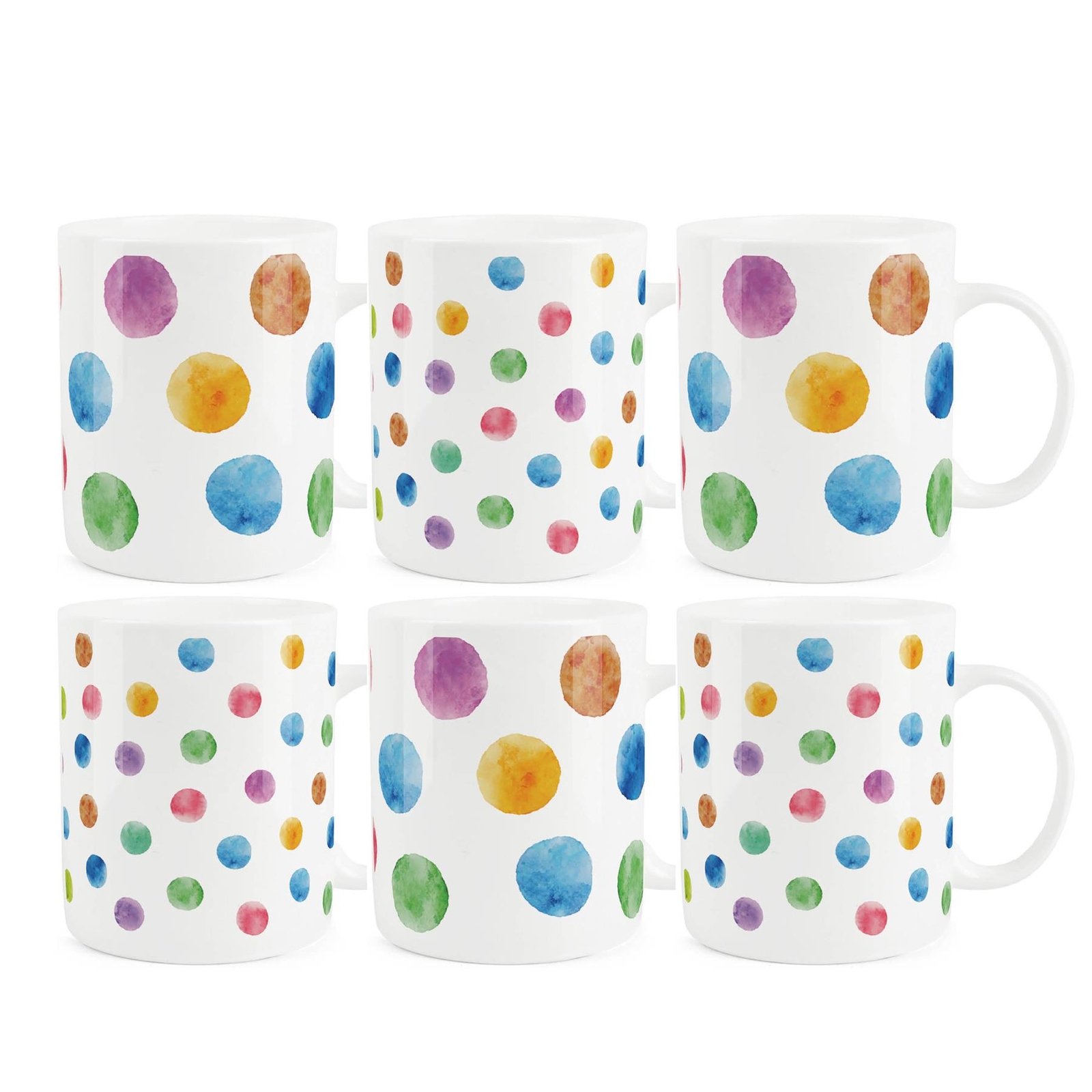 Bone China Polka Dots Mugs - Multicoloured Spotty Drinks Cups Gift Set of 6