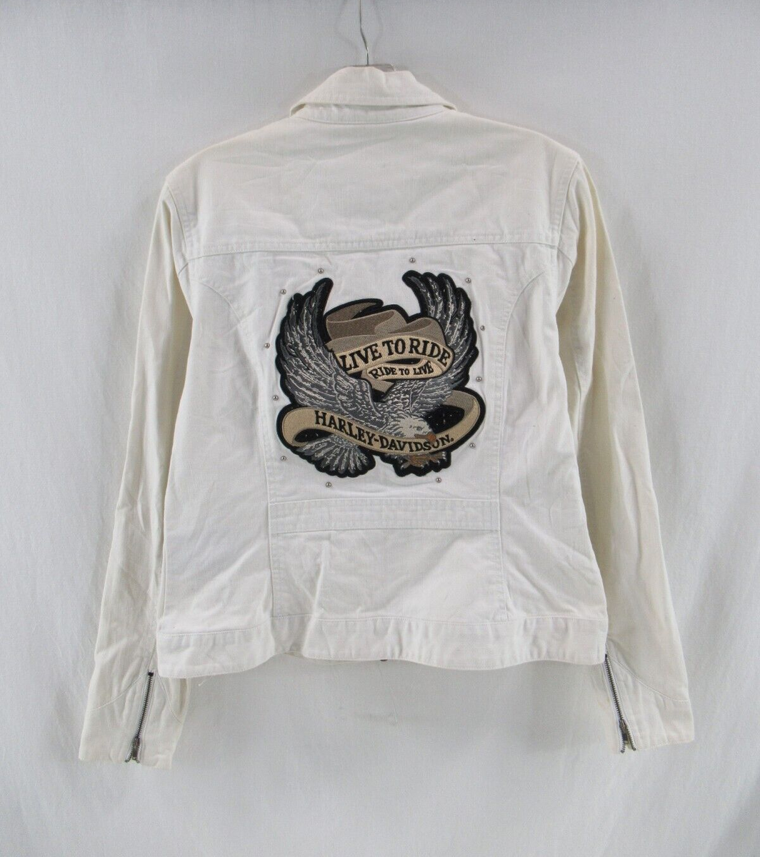 Harley Davidson Women's White Embroidered Full Zip Jean Jacket