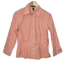Ralph Lauren Womens Gingham Check Button Up Shirt Orange Size 8 Preppy Ruffled