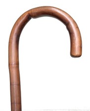 Vintage Antique Classic Bamboo Wood Brass Tip Crook Handle Walking Stick Cane