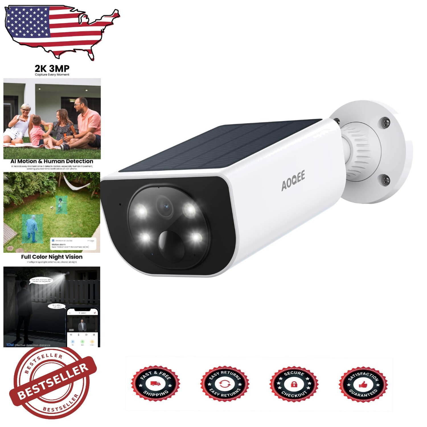 2K Solar Security Camera with Color Night Vision and Two-Way Audio