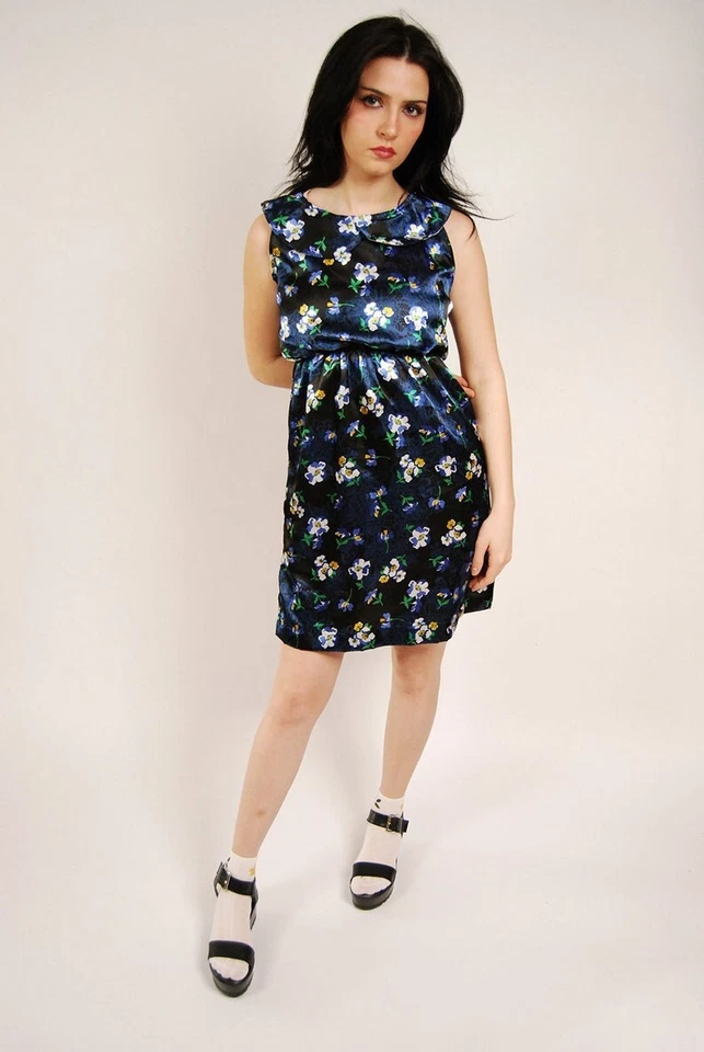 60s Floral Dress (M) vintage black peter pan collar medium sheath pencil mod - Image 2 of 4