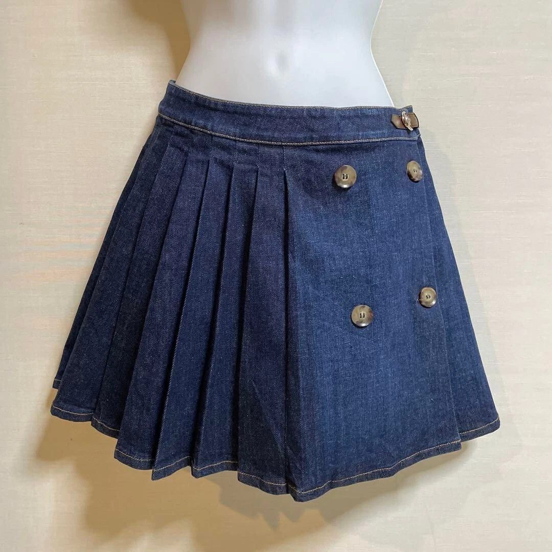 Mini jupe courte femme GUCCI denim plissé boucle enveloppant taille 12 bleu