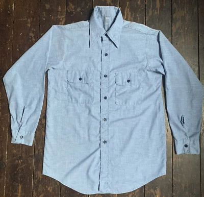 vtg 80s blue denim Safari cotton fleck fitted pocket Button Shirt 39” Chest - Image 1 of 4
