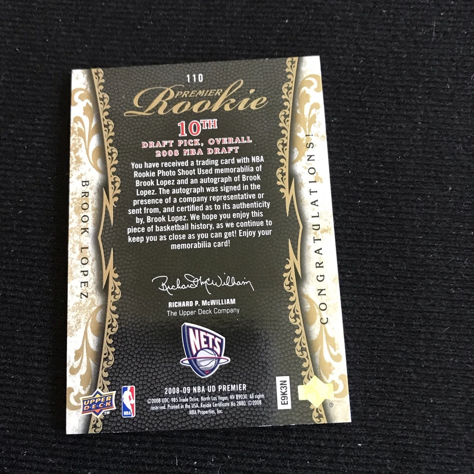 2008-09 UD Premier Brook Lopez Gold Rookie RC Quad Jersey Auto Autograph #58/75 - Image 2 of 2