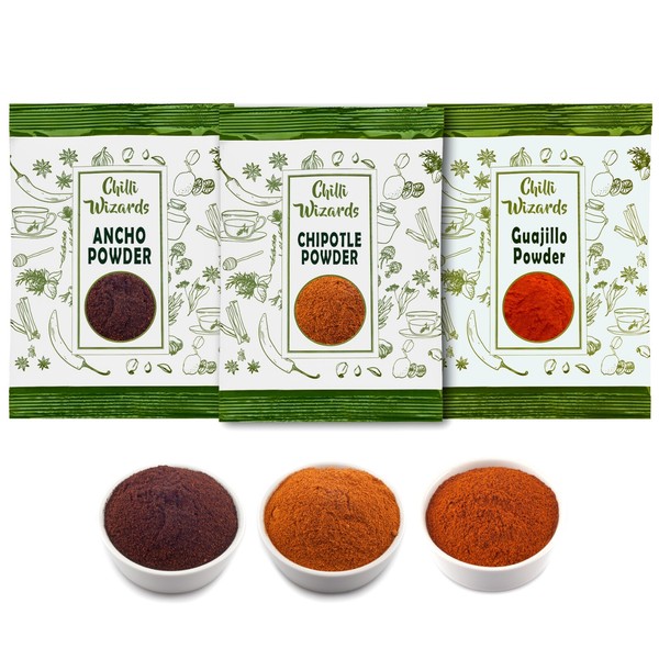 Chile mexicano en polvo. Ancho Polvo, Chipotle Polvo, Guajillo Polvo 100g Bolsas