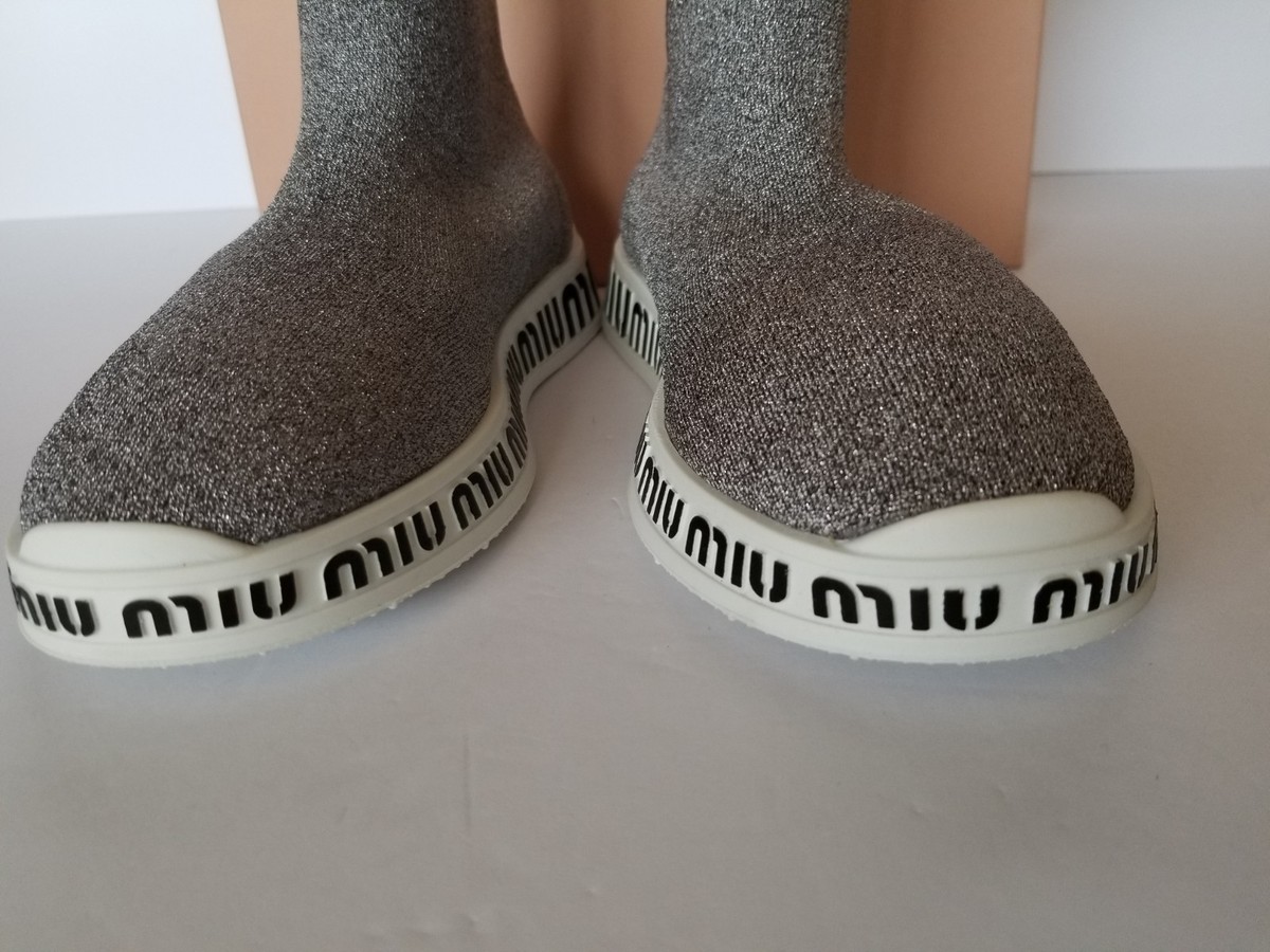 New Auth. Miu Miu Logo Sock Slip-On Sneaker Glitter Gray 39