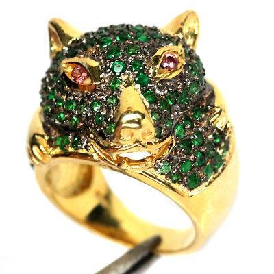 Gmestone Green Tsavorite-Garnet & Sapphire Tiger-Ring 925 Silver Sterling