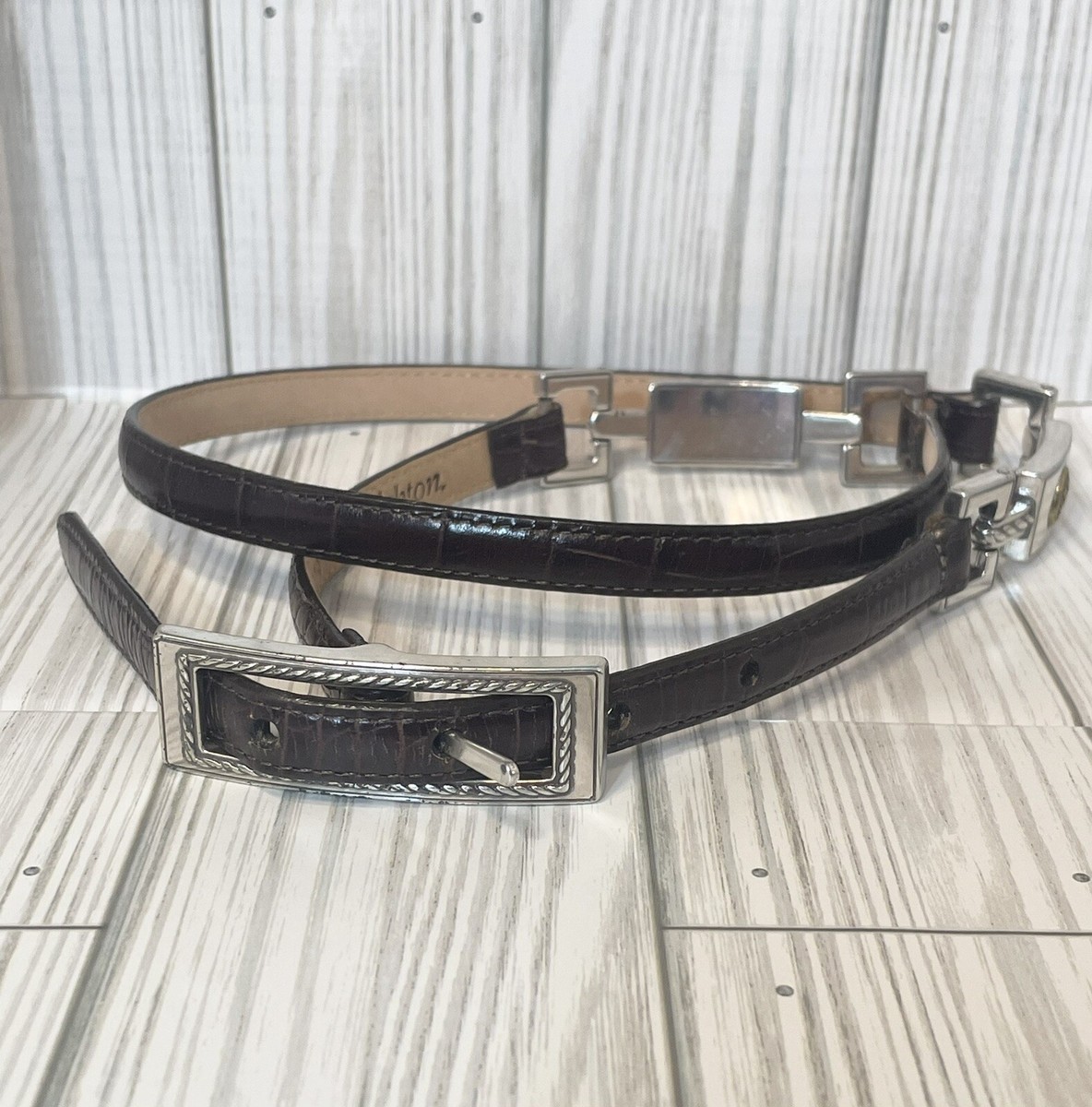 Brighton Croc Print Leather Belt Wmn L 34 Brown Silver Gold  display picture 2