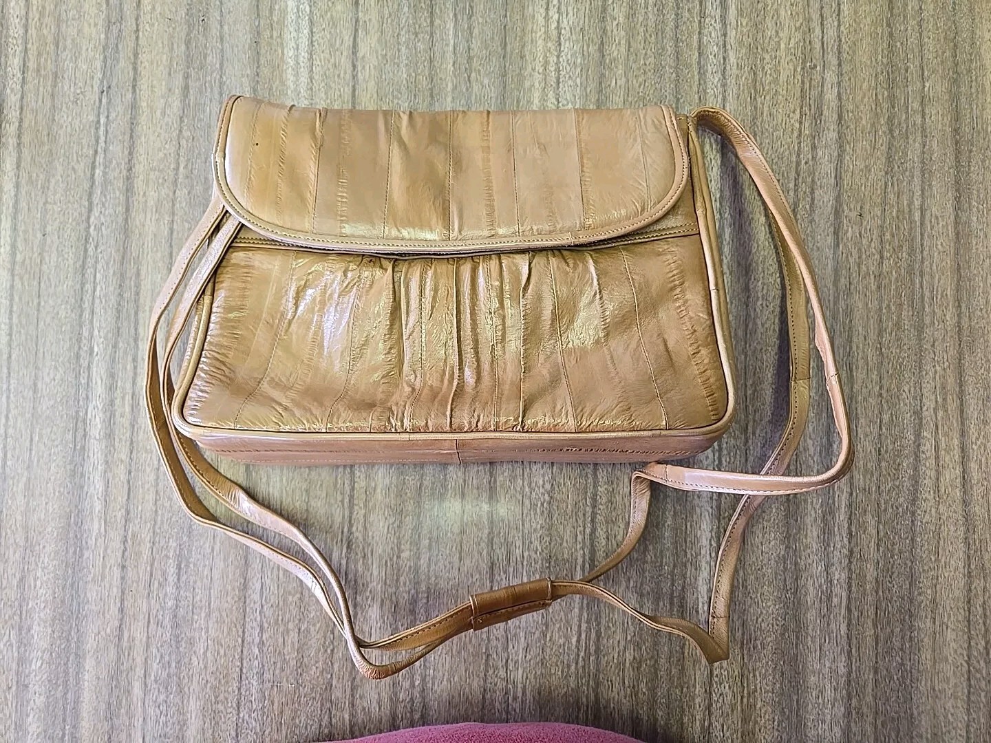 Shoulder Bag Clutch Crossbody Genuine Eel Skin Leather Tan Vintage Soft Smooth-image