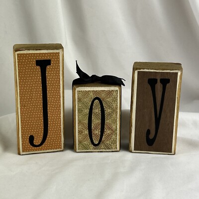 Joy Decorative Wood Blocks Figurine Set of 3 Handmade Fabric Brown Christmas
