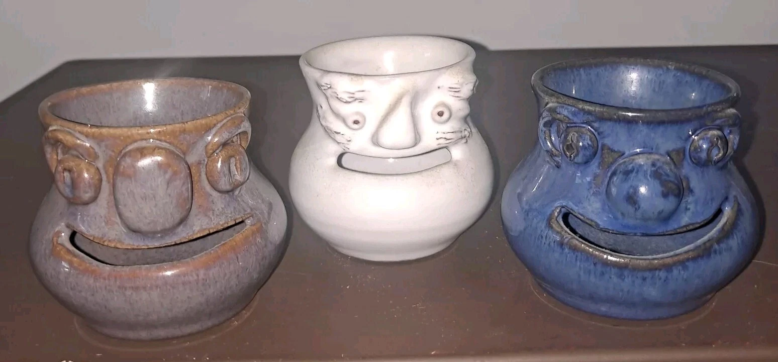 Set of 3 Potts Town Pottery Mini Face Egg Separator Signed LP 95 Linda Potts NC