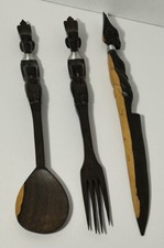 Vintage Wooden Hand-carved Tribal African Spoon, Fork And Knife Art Deco Decor