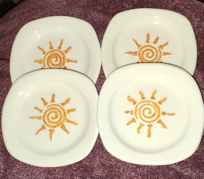 Four 4 Vintage 5.5 x 5.5 Sunburst Small Dessert Plates From Mexico Tribal Aztec 