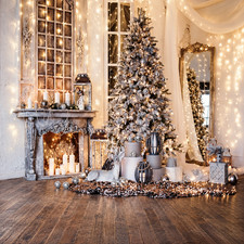 10x10ft Christmas Backdrop Winter Tree Fireplace Holiday Photo Background