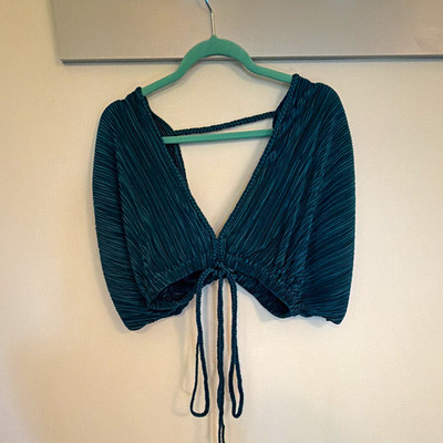 12th Tribe Women s Teal Pleated Tie Cropped Blouse