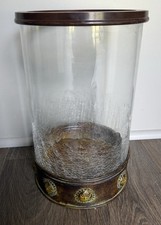 Large Crackle Glass Hurricane Candle Holder Bronze Metal Base 13 Decor