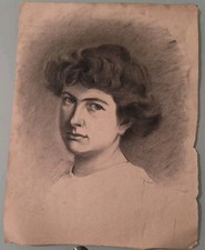 "Disegno Antico Matita Ritratto Donna Capelli Ricci Fine 800 Inizio 900 Vintage