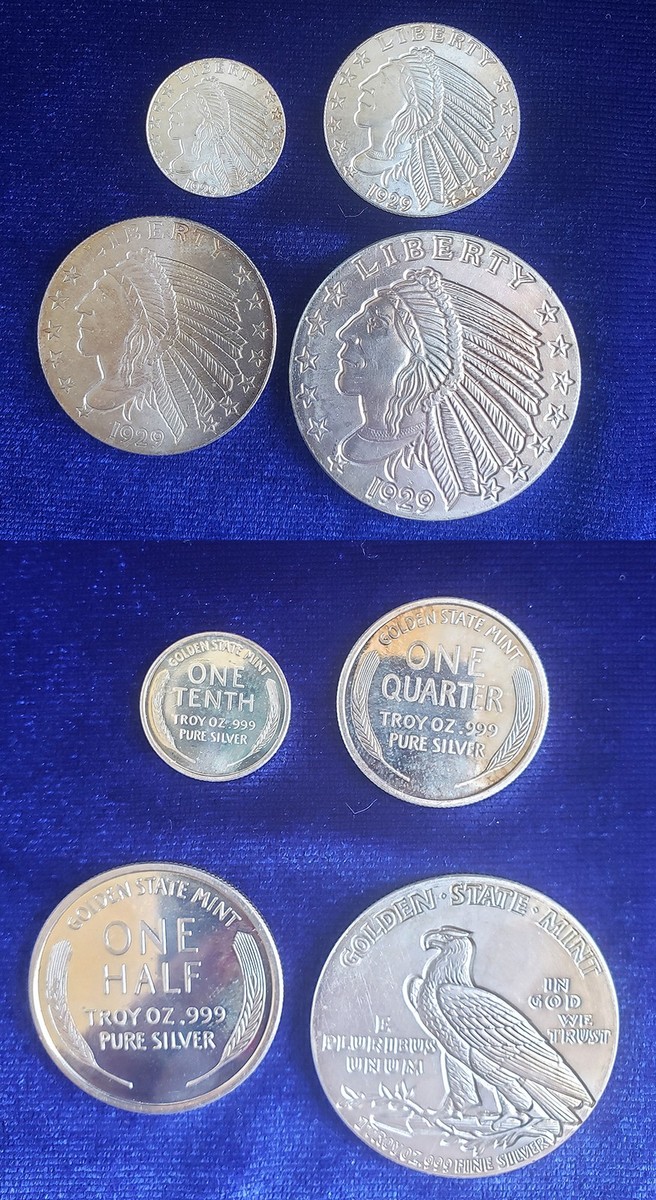 シルバー　999 1/2オンス 1929 Indian Head 1/10 , 1/4 , 1/2 , 1 Troy Oz 999 Fine Silver