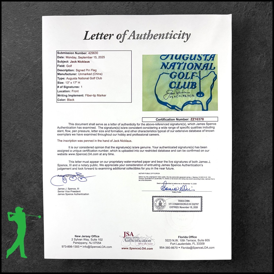JACK NICKLAUS W/YEARS AUTOGRAPHED AUGUSTA NATIONAL ANGC MASTERS FLAG JSA COA LOA