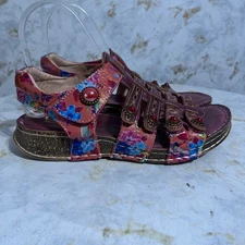 L' Artiste Spring Step 38 Womens Sz 7.5 Shoes Pink Purple Leather Floral Sandals
