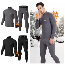 Mens Fleece Lined Thermal Long Johns Top Bottom Underwear Set Winter Turtleneck