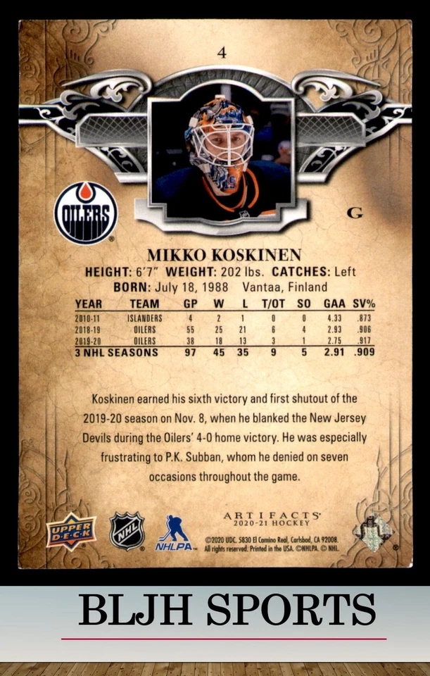 2020-21 Upper Deck Artifacts #4 Mikko Koskinen Edmonton Oilers (3A7) - Image 2 of 2