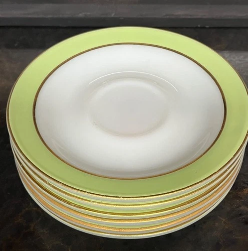 Pyrex Lime Green Banded Milk Glass Saucers, Set of 6, Minty