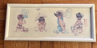 Vtg K. Smith Boy And Girl Bathroom Print Collectors 16''x7''