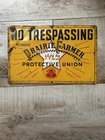 GENUINE Vintage Prairie Farmer Union NO TRESPASSING Tin Tacker Sign 12”X18” Ad