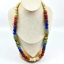 Vintage Boho Rainbow Ceramic Bead Necklace Multi-Color Hand Painted Chunky Retro