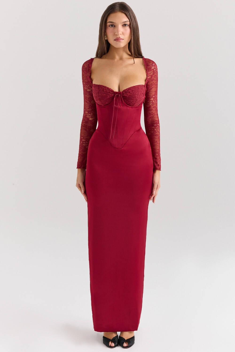 HOUSE OF CB 'Perdi' Berry Satin Maxi Dress with Corset /Size S-US(P)4-6/PA1509