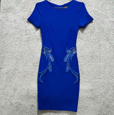 Waggon Paris Dress Womens Medium 38 Blue Pencil Stretchy Short Sleeve Embroidery