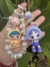 2 Cute Keychains, Bag Charms, Phone Charms purple Schoolgirl And Yellow Cat 