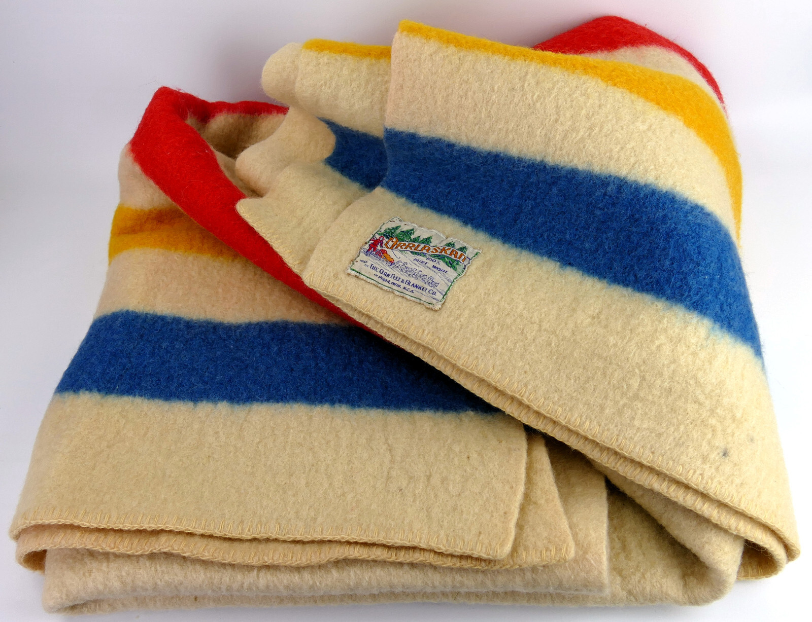 Vintage Orrlaskan 100 Wool Felt Red Blue Yellow Striped Blanket 75" x