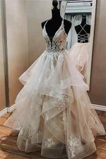 White V-neck Lace Wedding Dresses Embroidery Tulle Sleeveless Puffy Multilayer