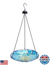 MUMTOP 11 inch Hanging Bird Bath Glass BirdBath Peacock Outdoor Birdfeeder fo