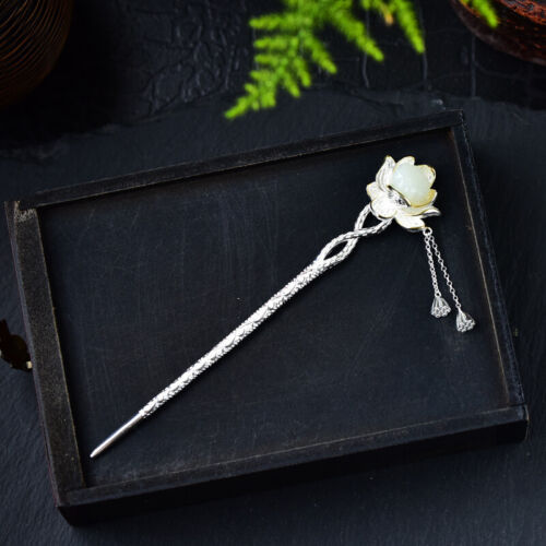 5.27" Silver Chinese Hetian Jade Lotus Hairpin Hanfu Hair Stick Retro Women Gift - Picture 4 of 9
