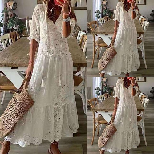 Womens Boho Lace Hollow Maxi Dress 