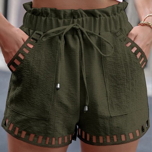 Women Shorts Linen Cotton Summer Casual Elastic Waist Hollow Pants Beach Sports - Picture 13 of 19