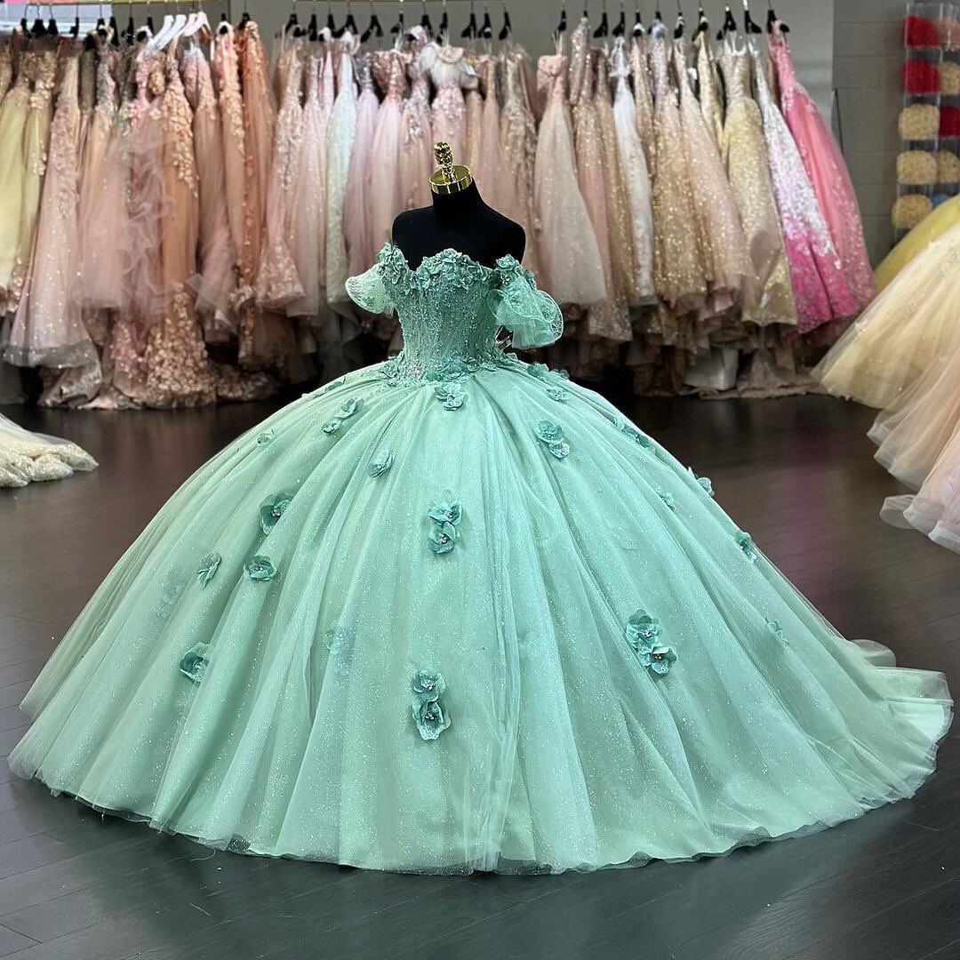 Sweet 16 Quinceanera Dresses Flowers Tulle Ball Gowns Sweetheart