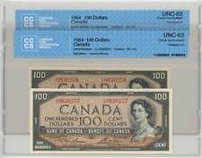 1954 Canada $100 Dollar CCCS UNC63 2XConsecutives #23959w