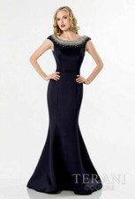 NWT 428 TERANI COUTURE EMBELLISHED BEADED OPEN BACK RUFFLE COCKTAIL GOWN- NAVY-
