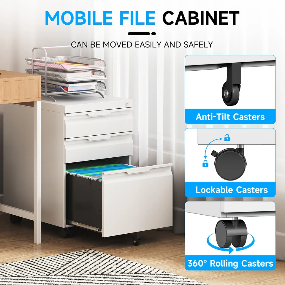 Archivador de 3 cajones debajo del escritorio oficina gabinete de almacenamiento móvil deslizable sobre ruedas Foto 3 de 4