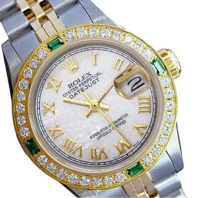 Rolex Datejust 69173 Two-Tone 18KY Steel White MOP Dial Emerald Bezel Watch