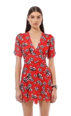 REALISATION PAR Red Ozzi Dress Size S Silk Floral Mini Short Sleeves V Neck