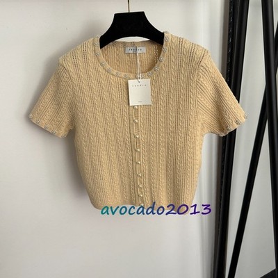 Sandro Women Pearl Button Round Neck Short Sleeved Knitted Cardigan Top