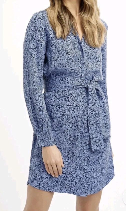 Kookai Jaya Blue Long Sleeve Button Up Shirt Dress Sz 36 Mini Animal Print T5