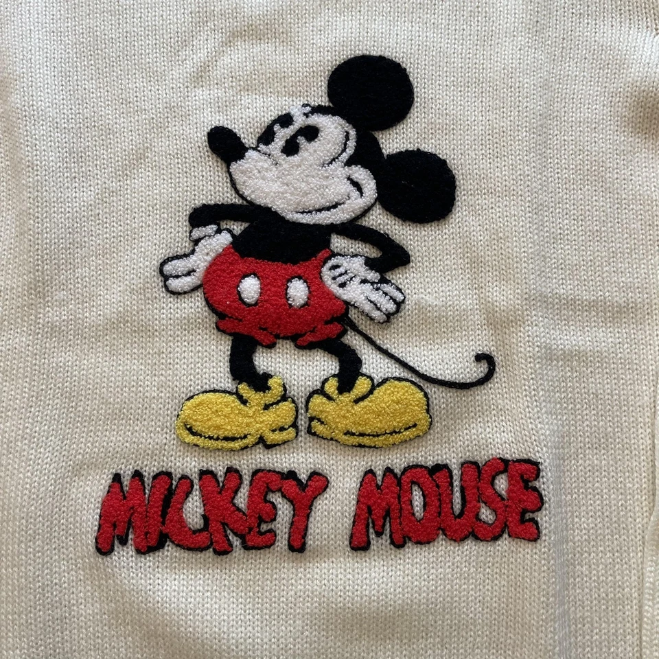 Suéter de Colección Disney Mickey Mouse Para Hombres Mediano Blanco Tejido Cuello Redondo Pullover Años 80 Foto 3 de 4